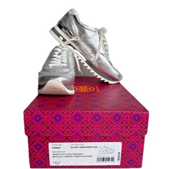 Tory Burch Sawtooth Logo Sneaker Size 7.5 Metallic Canvas Napa Leather Silver - Picture 12 of 12